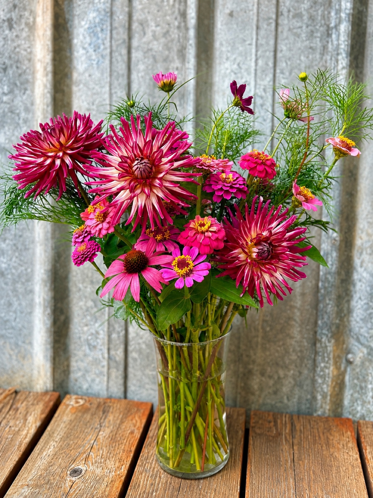 Fresh bouquet of pink dahlias, zinnias and cosmos in a glass vase
